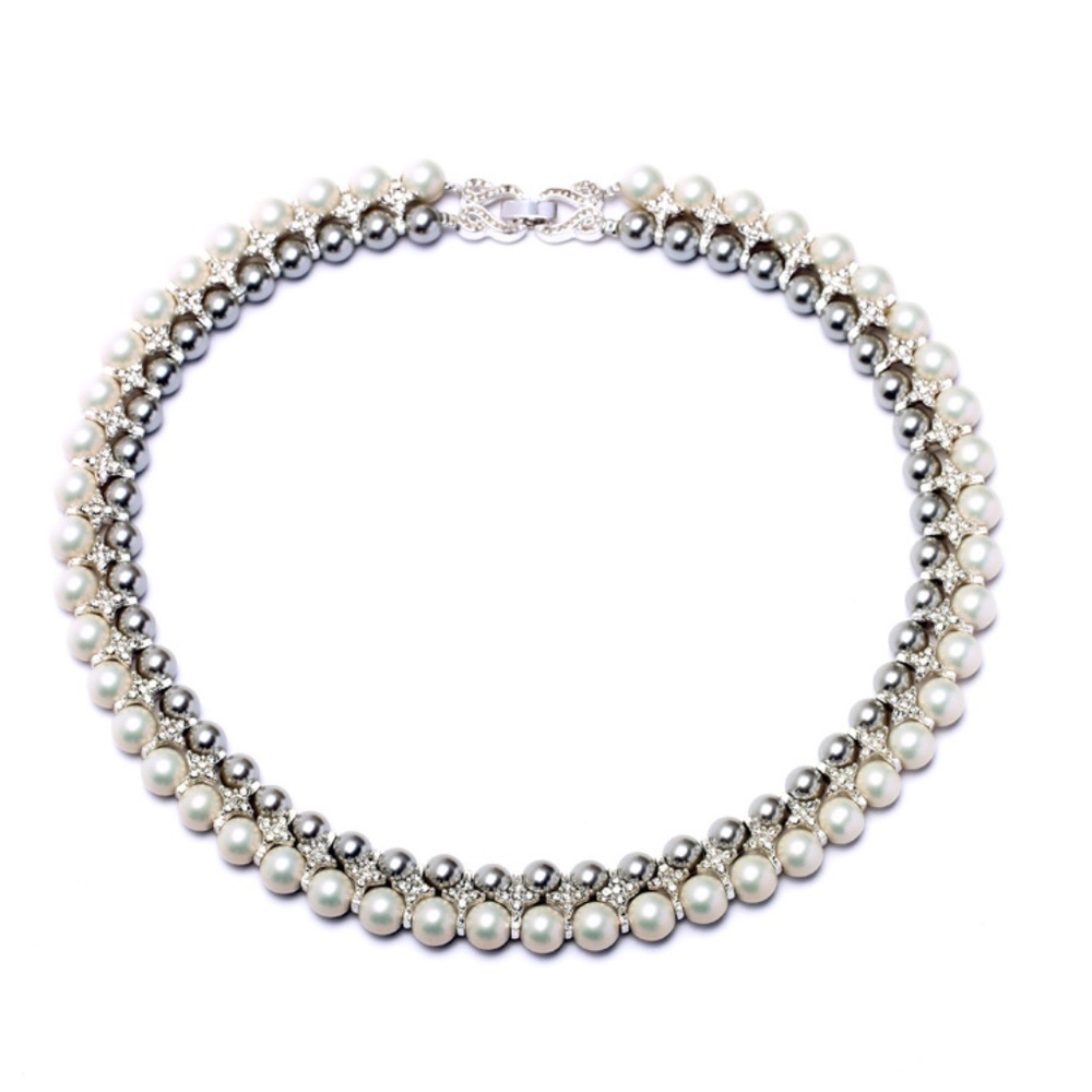 Silvertone Crystal and Pearl Beaded Collar Necklace